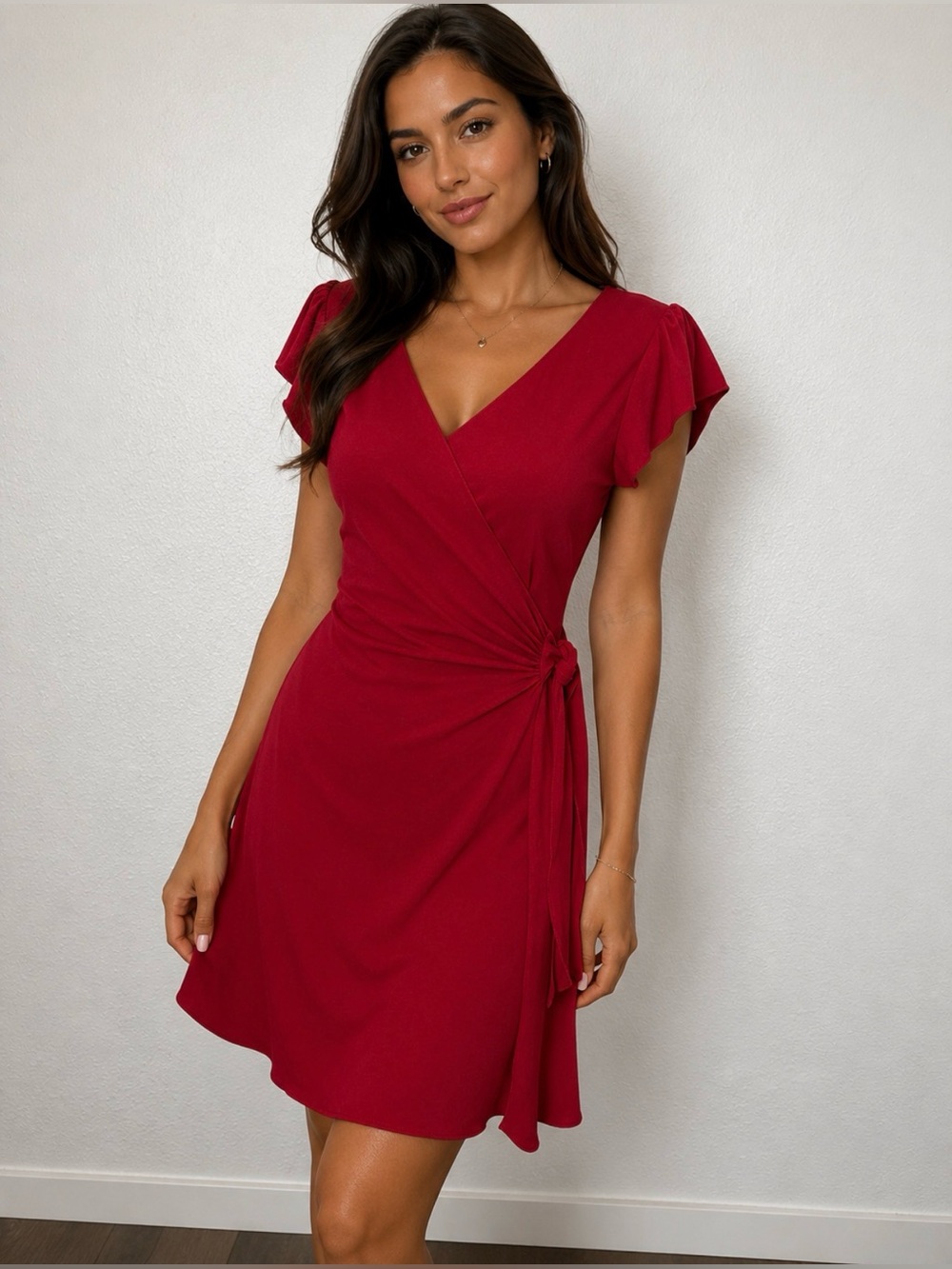 Studio M Petite red faux Wrap dress Size XS flutter sleeve cocktail Tie waist